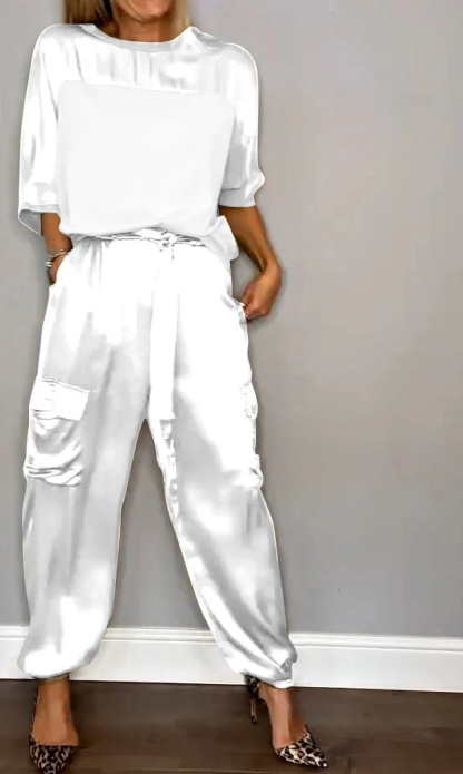 Fashion Women'S Smooth Satin Half Sleeve Top Set Two-Piece Set