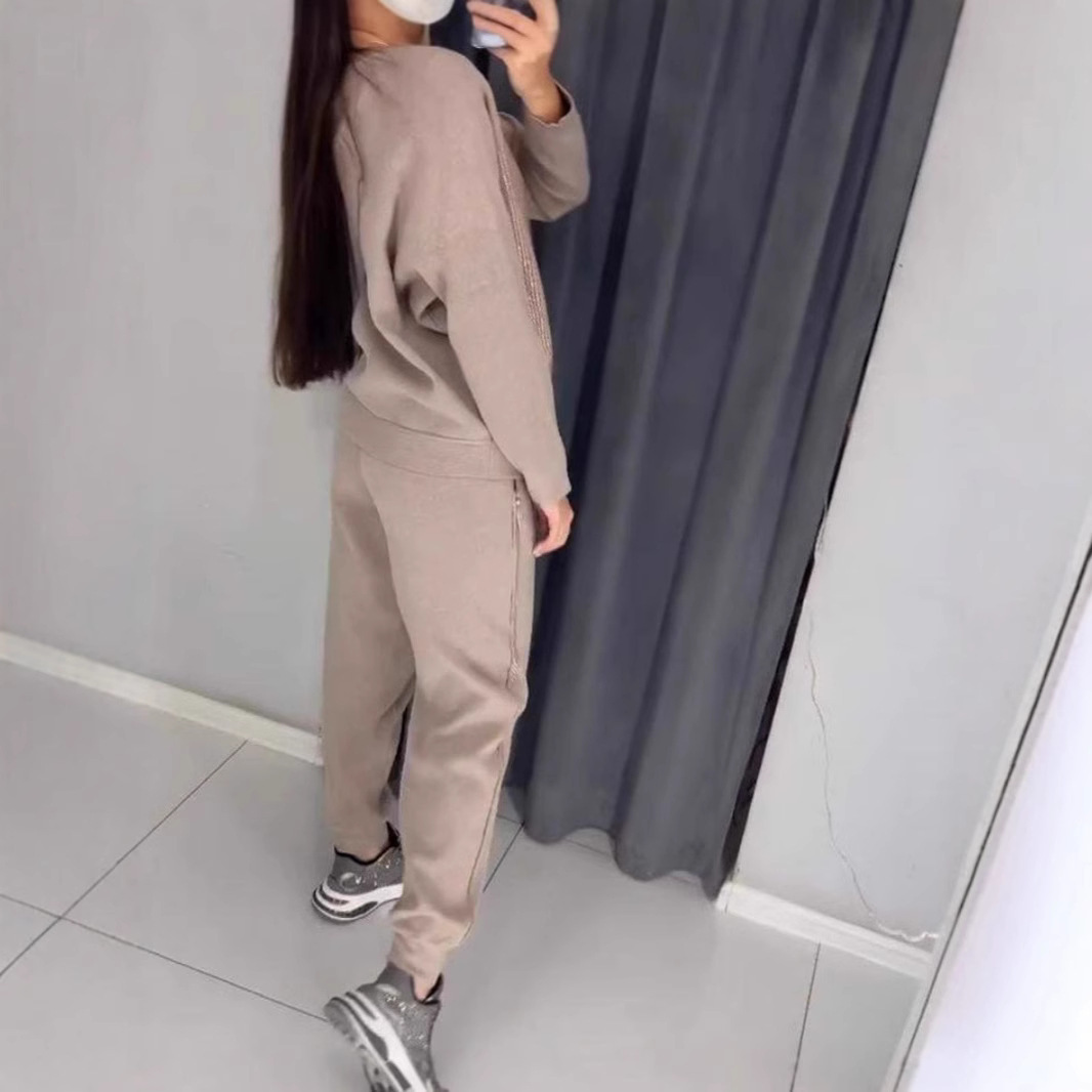 2 Pcs/Set Women Top Pants Suit Rhinestone Decor O Neck Long Sleeves Patchwork Sport Sweatshirt Elastic Waist Trousers Fitness Outfit
