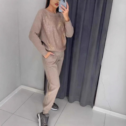 2 Pcs/Set Women Top Pants Suit Rhinestone Decor O Neck Long Sleeves Patchwork Sport Sweatshirt Elastic Waist Trousers Fitness Outfit