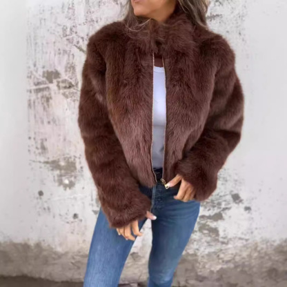 Autumn And Winter Women'S Imitation Fur Turtleneck Zipper Casual Top Jacket