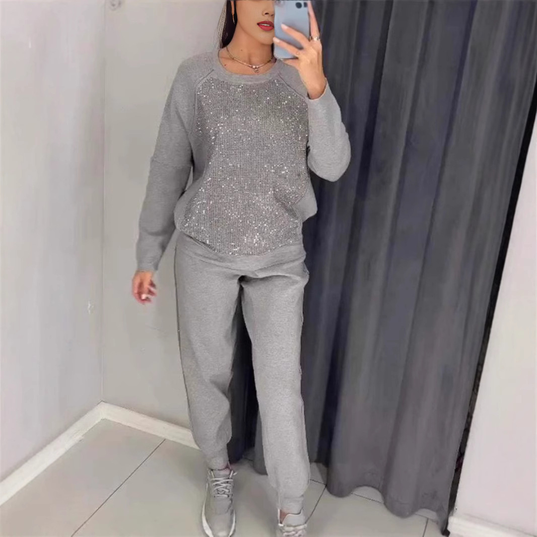 2 Pcs/Set Women Top Pants Suit Rhinestone Decor O Neck Long Sleeves Patchwork Sport Sweatshirt Elastic Waist Trousers Fitness Outfit