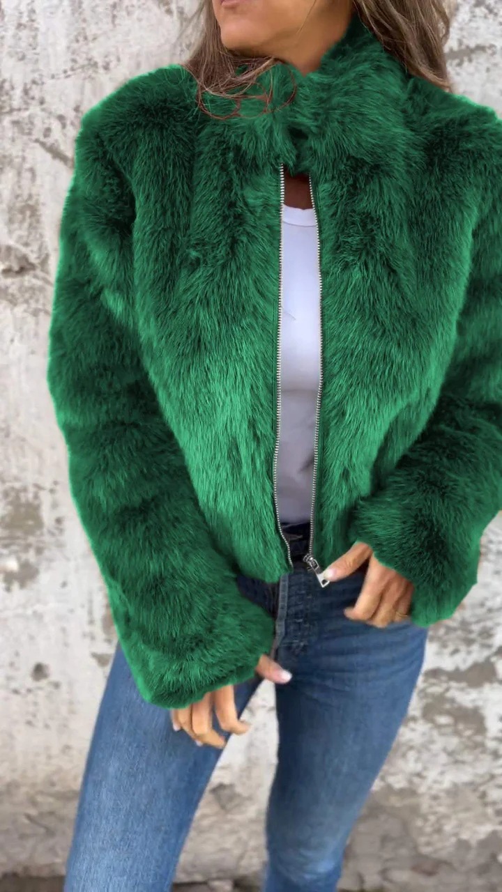 Autumn And Winter Women'S Imitation Fur Turtleneck Zipper Casual Top Jacket