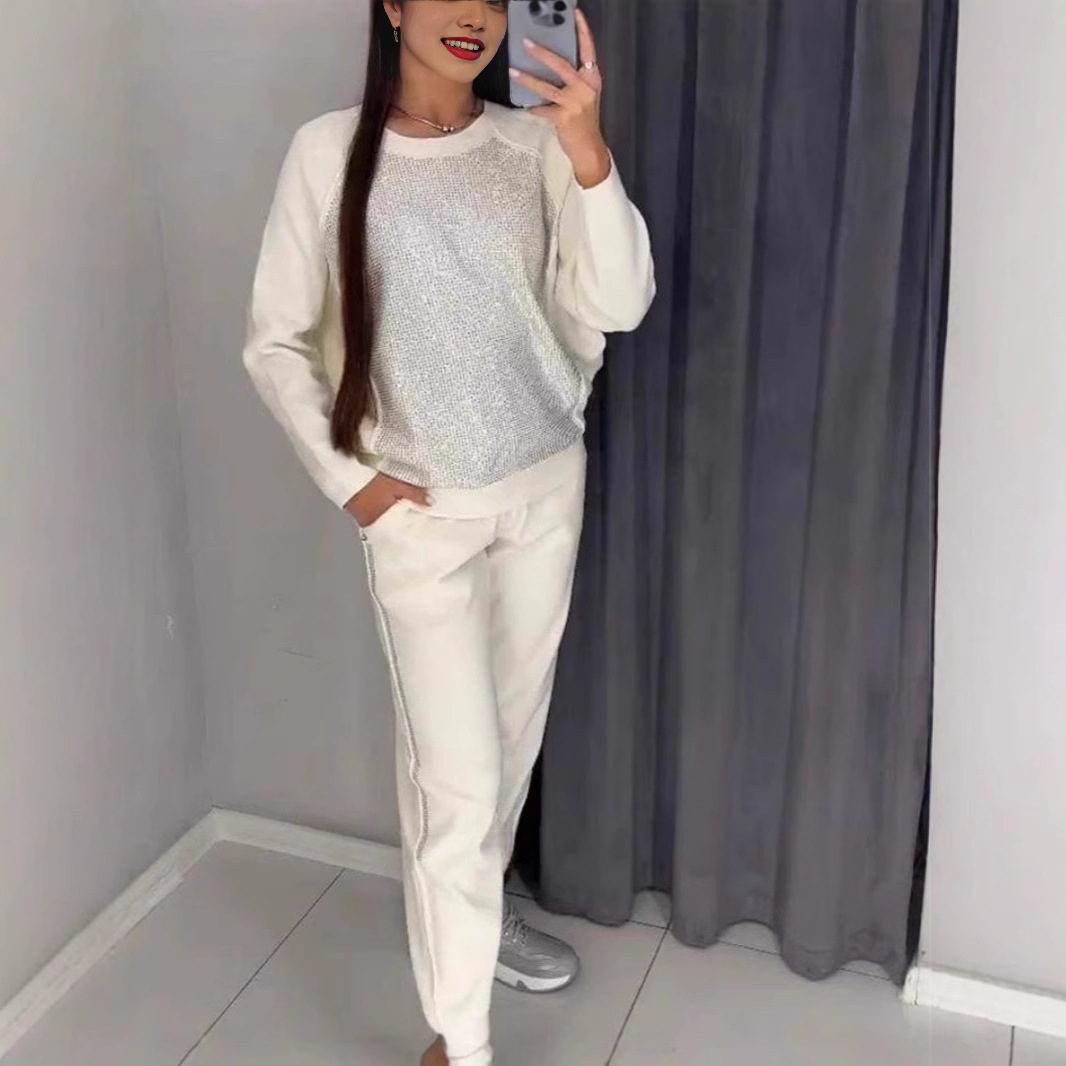 2 Pcs/Set Women Top Pants Suit Rhinestone Decor O Neck Long Sleeves Patchwork Sport Sweatshirt Elastic Waist Trousers Fitness Outfit