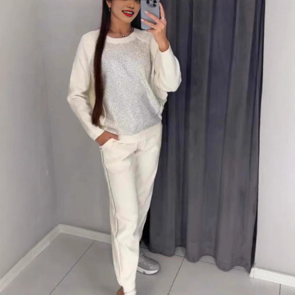 2 Pcs/Set Women Top Pants Suit Rhinestone Decor O Neck Long Sleeves Patchwork Sport Sweatshirt Elastic Waist Trousers Fitness Outfit