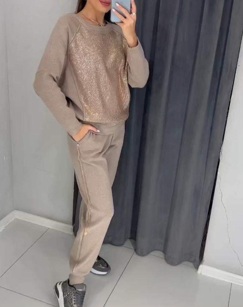 2 Pcs/Set Women Top Pants Suit Rhinestone Decor O Neck Long Sleeves Patchwork Sport Sweatshirt Elastic Waist Trousers Fitness Outfit
