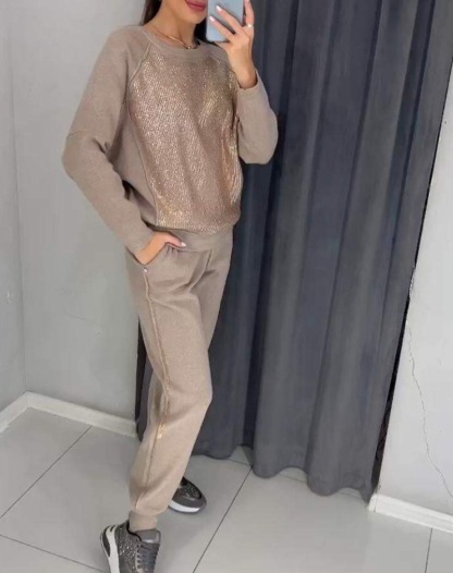 2 Pcs/Set Women Top Pants Suit Rhinestone Decor O Neck Long Sleeves Patchwork Sport Sweatshirt Elastic Waist Trousers Fitness Outfit