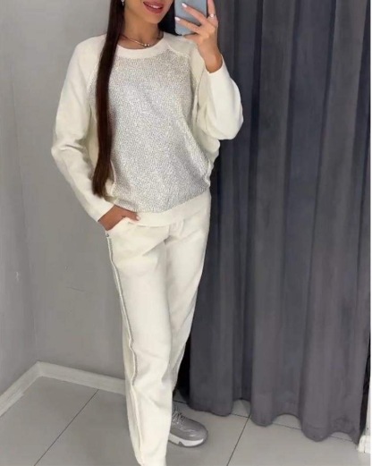 2 Pcs/Set Women Top Pants Suit Rhinestone Decor O Neck Long Sleeves Patchwork Sport Sweatshirt Elastic Waist Trousers Fitness Outfit