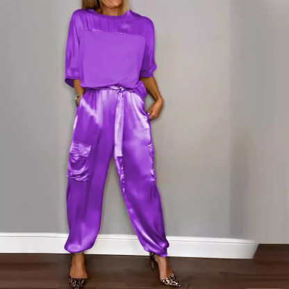 Fashion Women'S Smooth Satin Half Sleeve Top Set Two-Piece Set