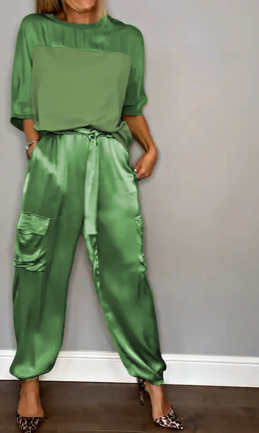 Fashion Women'S Smooth Satin Half Sleeve Top Set Two-Piece Set