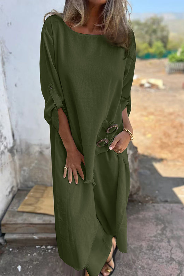 Linen blend ring trim midi shirt and elastic waistband pocket slacks set