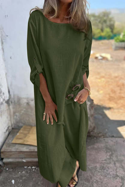 Linen blend ring trim midi shirt and elastic waistband pocket slacks set