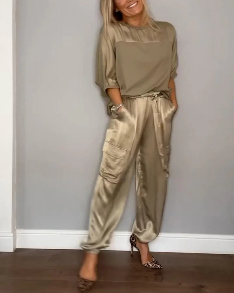 Fashion Women'S Smooth Satin Half Sleeve Top Set Two-Piece Set