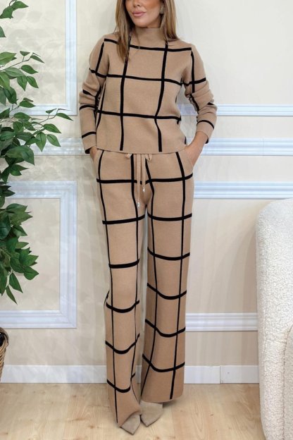 Dames Contrast Geruit Gebreid Pak