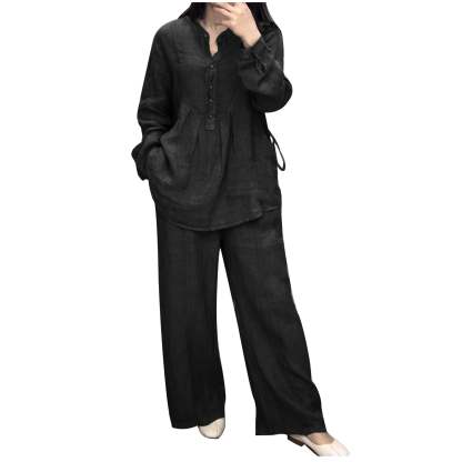 Women's Two Piece Outfits Cotton Linen Pants Sets Casual Long Sleeve Button Down Henley Tops and Pants Lounge Sets Red XXL 12