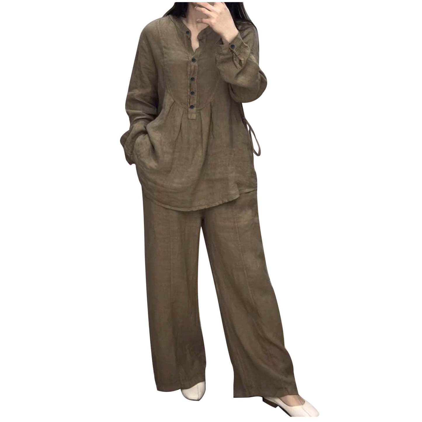 Women's Two Piece Outfits Cotton Linen Pants Sets Casual Long Sleeve Button Down Henley Tops and Pants Lounge Sets Red XXL 12