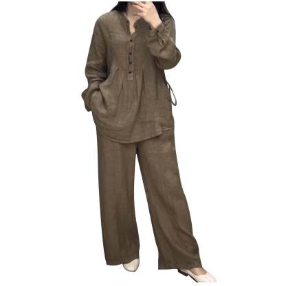 Women's Two Piece Outfits Cotton Linen Pants Sets Casual Long Sleeve Button Down Henley Tops and Pants Lounge Sets Red XXL 12
