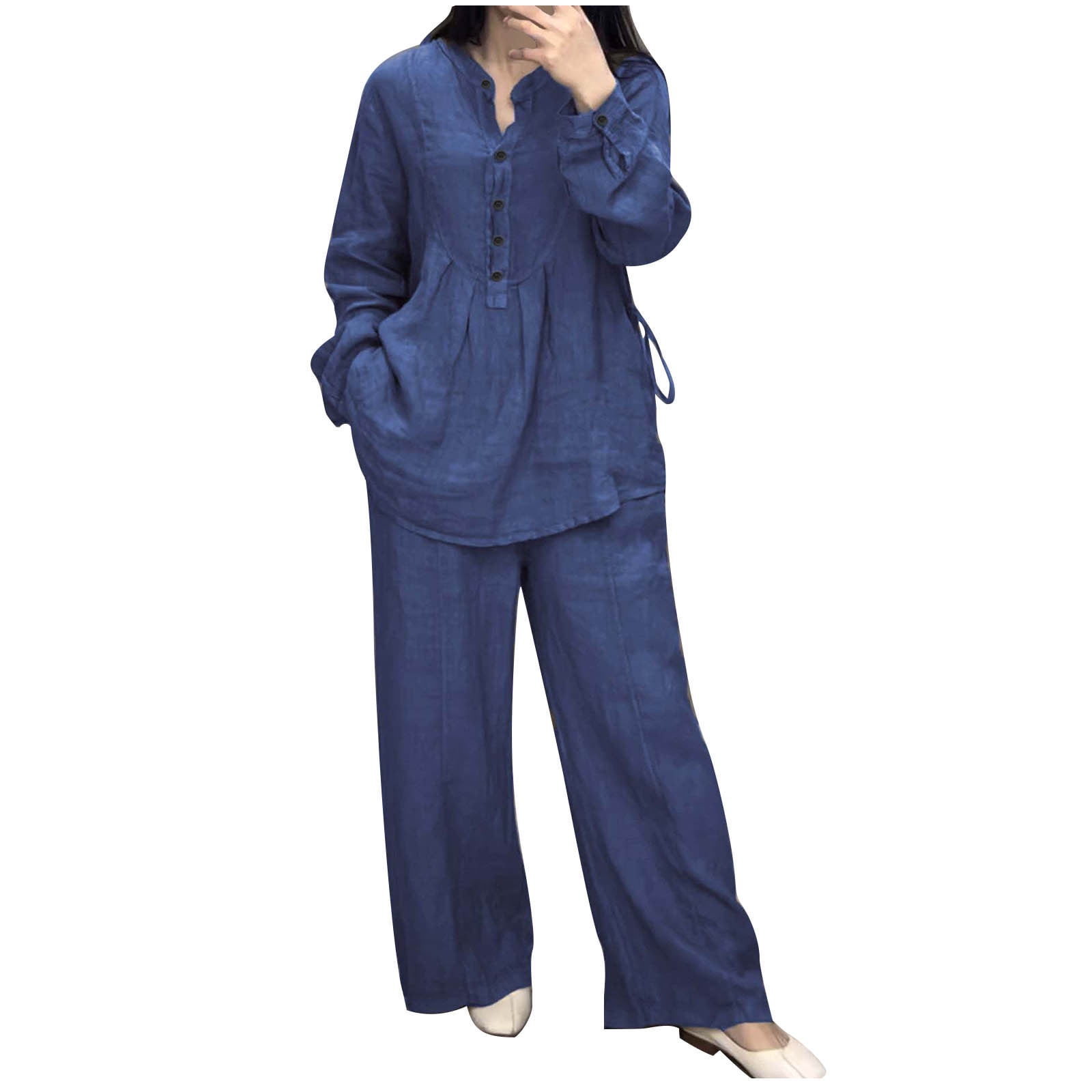 Women's Two Piece Outfits Cotton Linen Pants Sets Casual Long Sleeve Button Down Henley Tops and Pants Lounge Sets Red XXL 12
