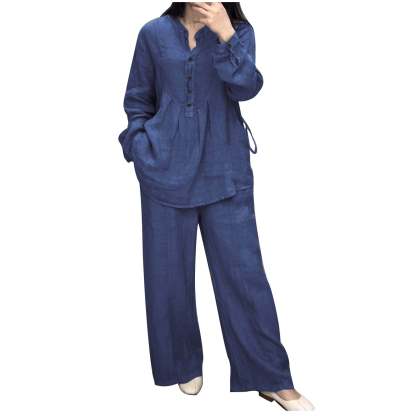 Women's Two Piece Outfits Cotton Linen Pants Sets Casual Long Sleeve Button Down Henley Tops and Pants Lounge Sets Red XXL 12