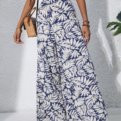 Boho Plants Print Pants, Casual High Waist Elastic Wide Leg Summer Beach Palazzo Pants, Women's Clothing