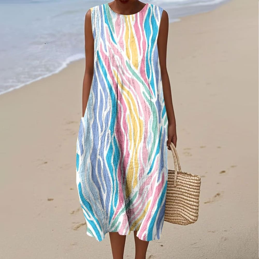 Women's Fashion Color Block Art Print Sleeveless Cotton Pocket Wrap Dress