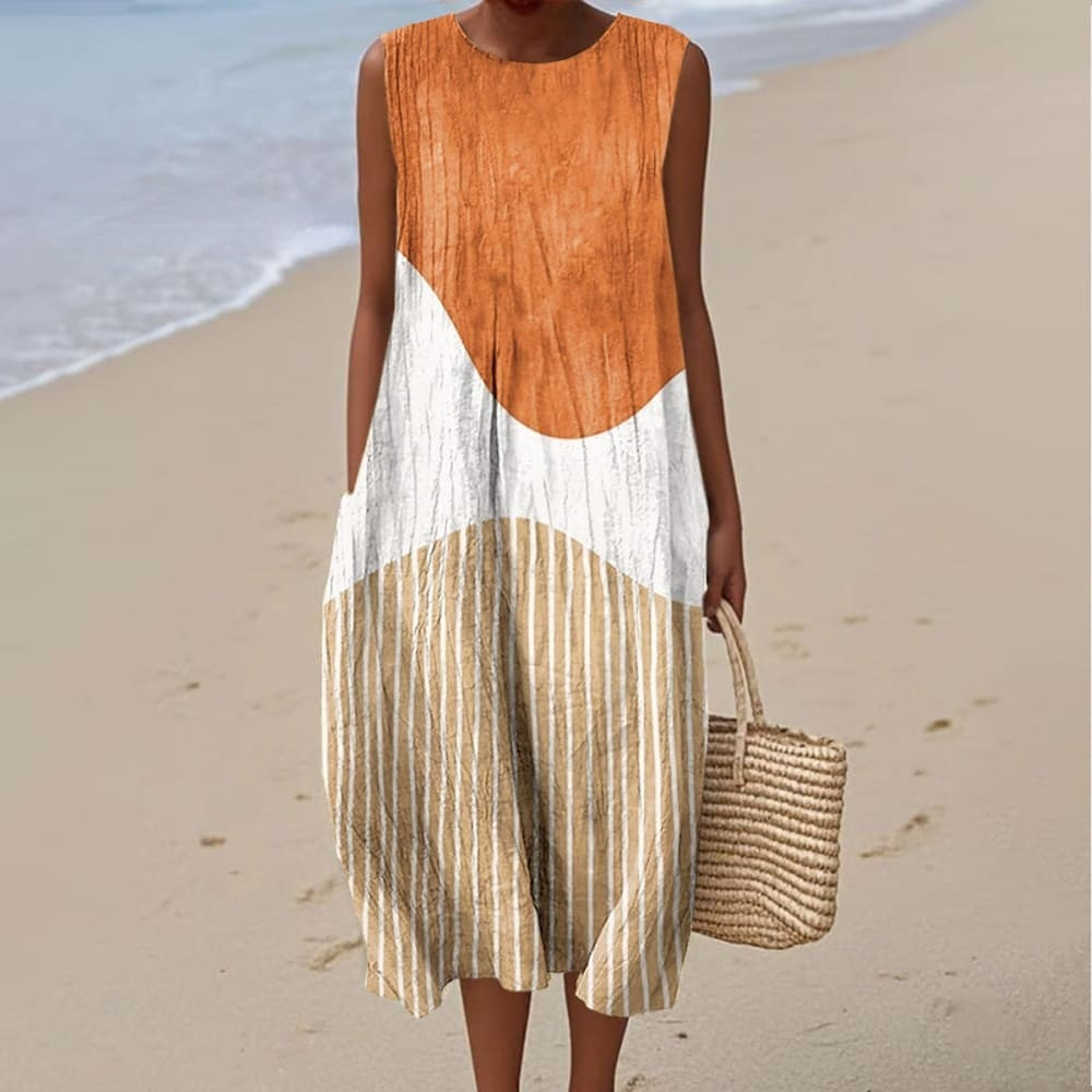 Women's Fashion Color Block Art Print Sleeveless Cotton Pocket Wrap Dress