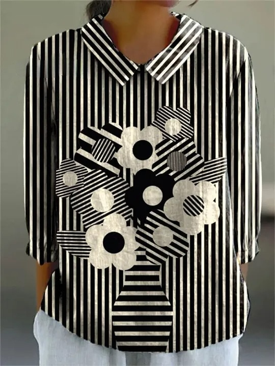 Women's Abstract Striped Floral Art Print Casual Cotton And Linen 3/4 Sleeve Shirt