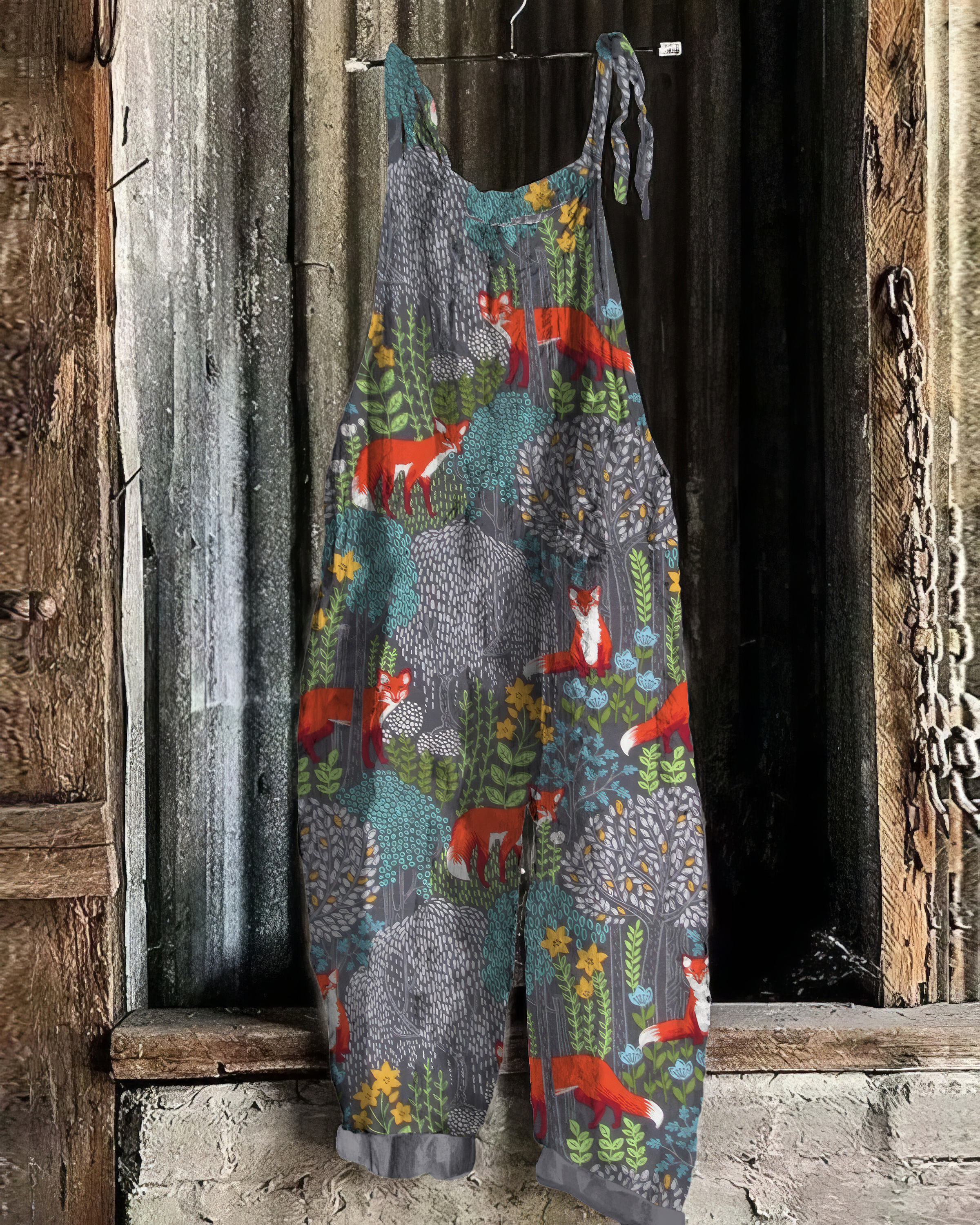 Vintage Fox Woodland Forest Pattern Linen Blend Jumpsuit