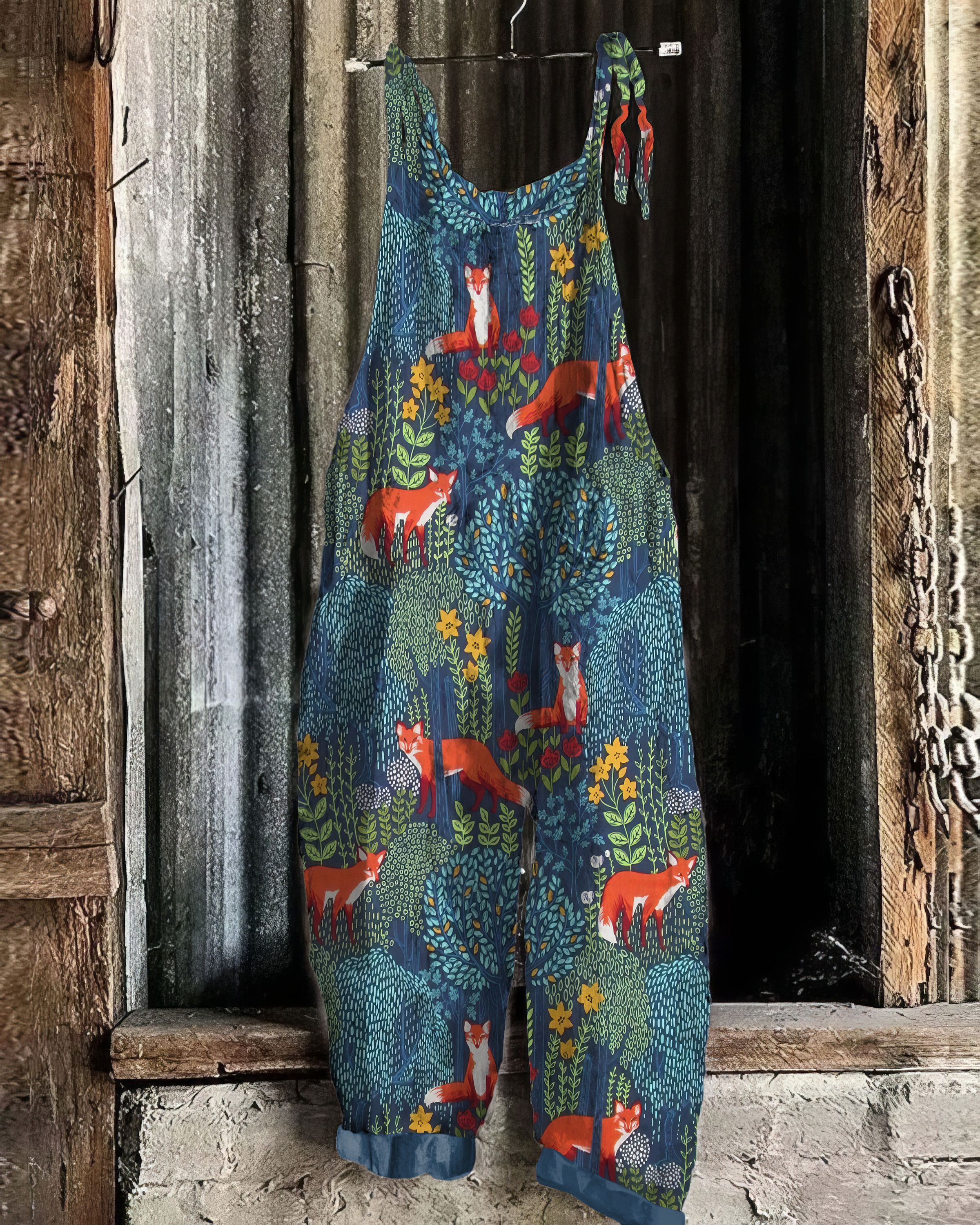 Vintage Fox Woodland Forest Pattern Linen Blend Jumpsuit
