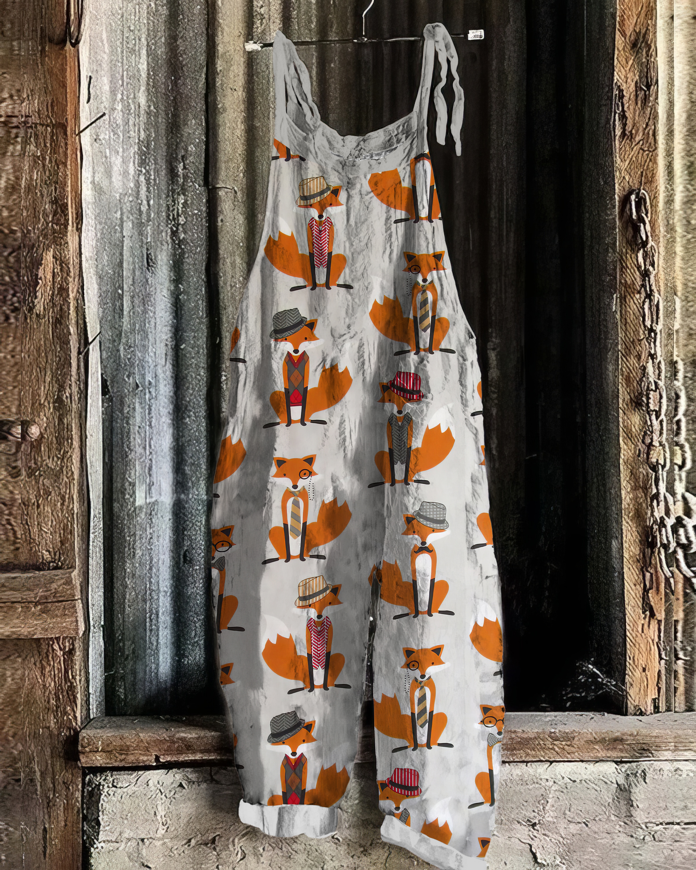 Vintage Fox Pattern Linen Blend Jumpsuit