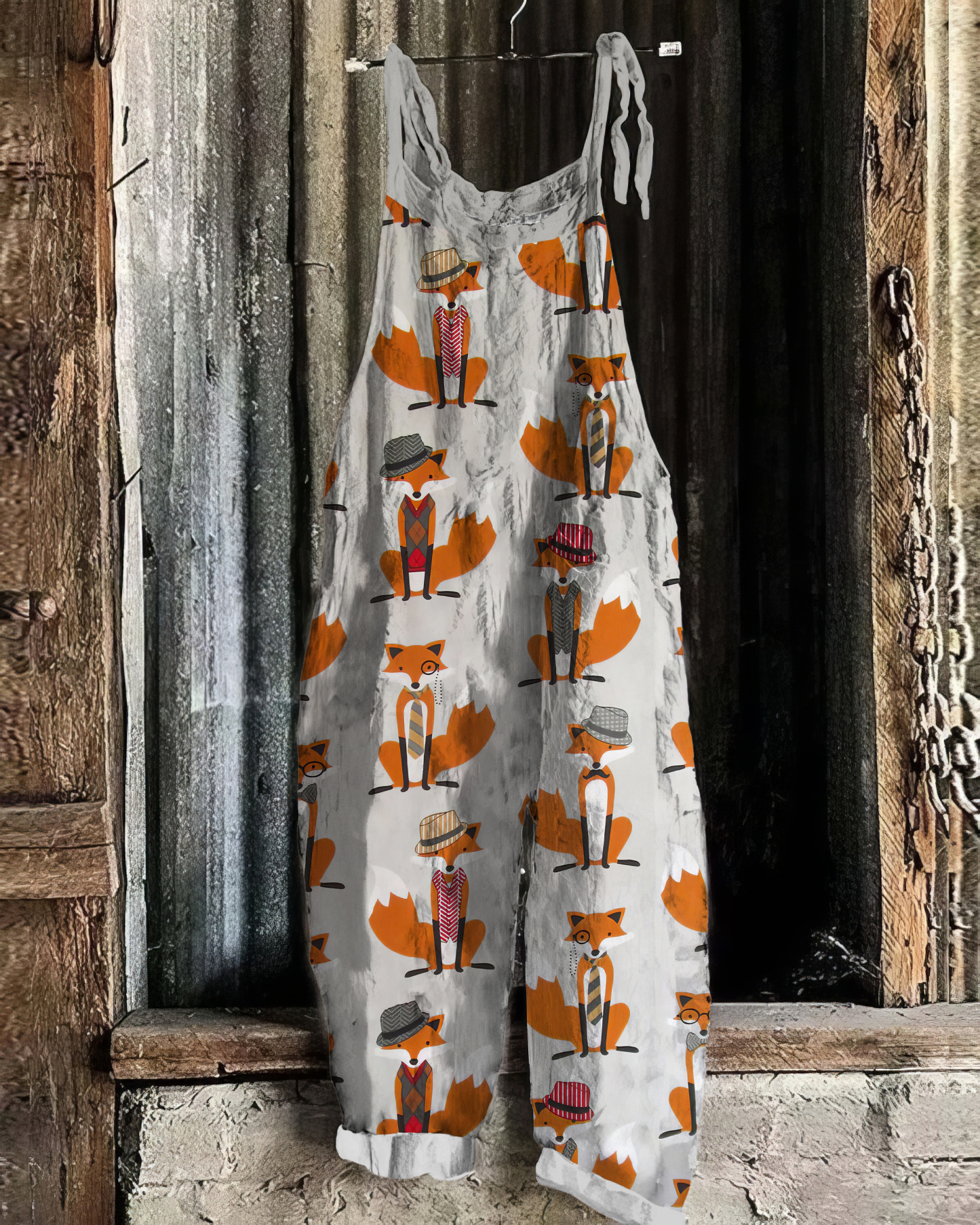 Vintage Fox Pattern Linen Blend Jumpsuit