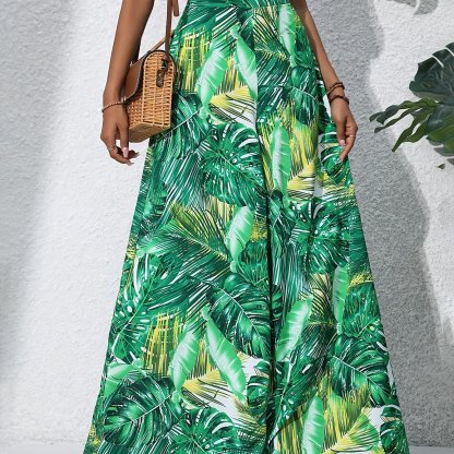 Boho Plants Print Pants, Casual High Waist Elastic Wide Leg Summer Beach Palazzo Pants, Women's Clothing