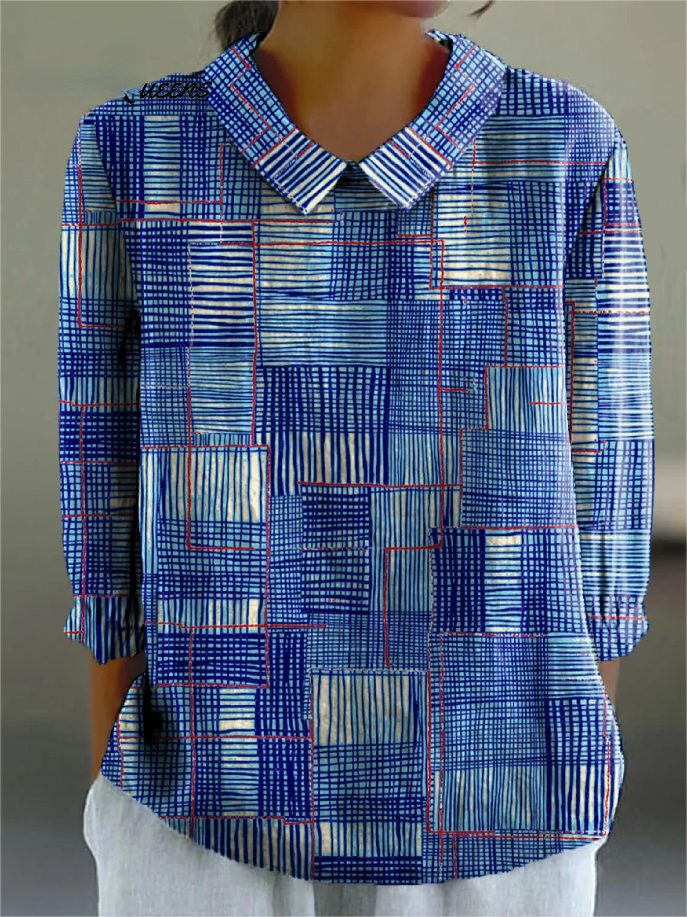 Women's Vintage Color Block Line Art Print Casual Cotton And Linen 3/4 Sleeve Shirt