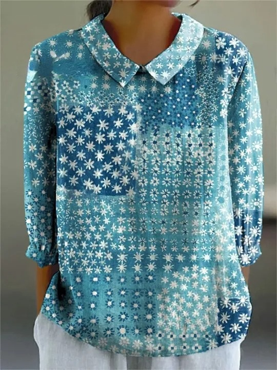 Women's Vintage Blue Floral Art Print Casual Cotton And Linen 3/4 Sleeve Shirt