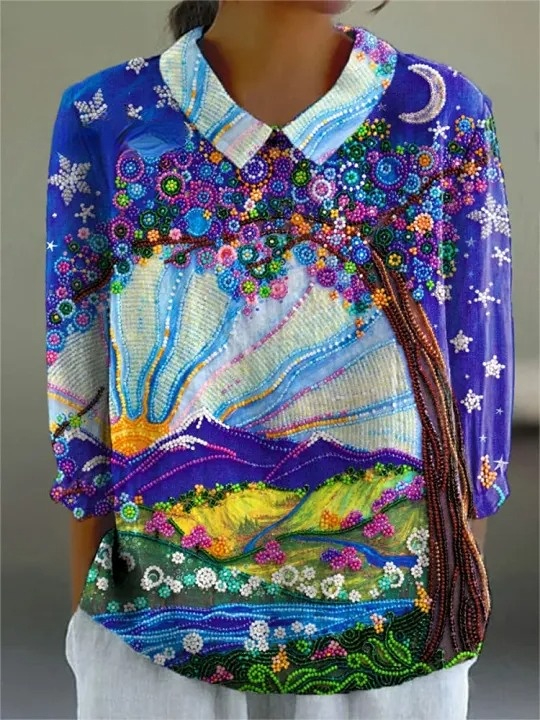 Women's Vintage Abstract Floral Beaded Art Print Casual Cotton And Linen 3/4 Sleeve Shirt