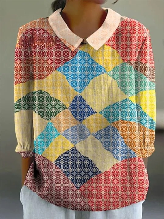 Women's Colorful Pattern Abstract Mountain Art Print Casual Cotton And Linen 3/4 Sleeve Shirt