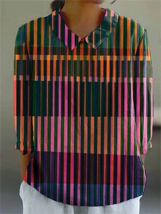 Women's Color Stripe Art Print Casual Cotton And Linen 3/4 Sleeve Shirt