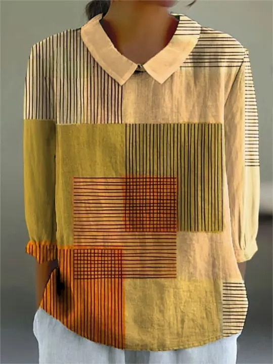 Women's Retro Stripe Color Block Art Print Casual Cotton And Linen 3/4 Sleeve Shirt