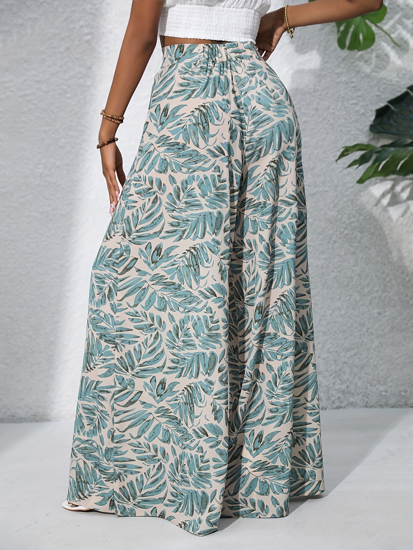 Boho Plants Print Pants, Casual High Waist Elastic Wide Leg Summer Beach Palazzo Pants, Women's Clothing