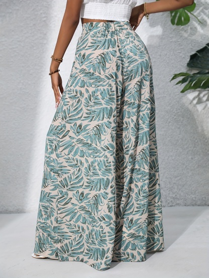 Boho Plants Print Pants, Casual High Waist Elastic Wide Leg Summer Beach Palazzo Pants, Women's Clothing