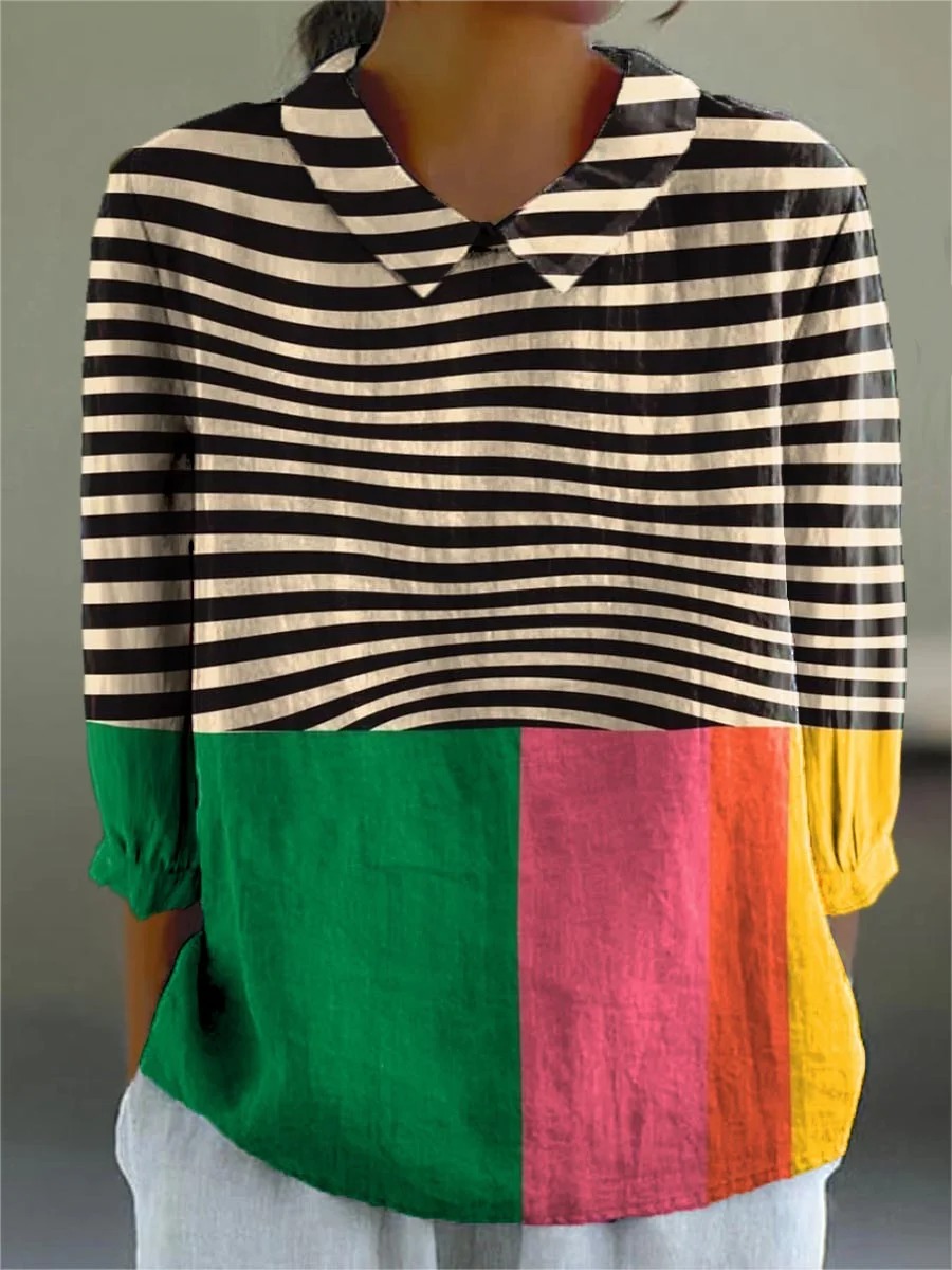 Women's Abstract Geometric Pattern Art Print Casual Cotton And Linen 3/4 Sleeve Shirt