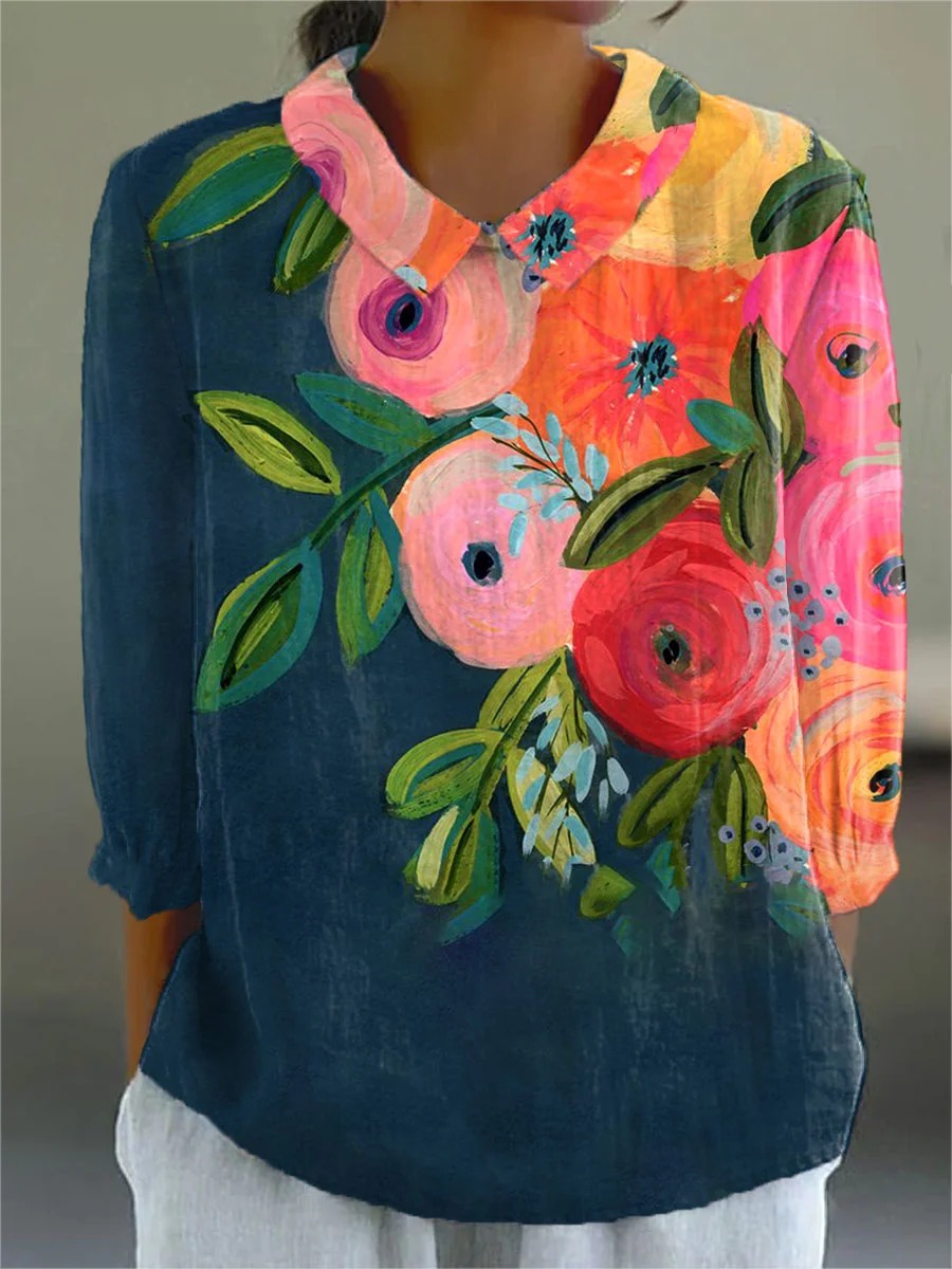 Women's Vintage Flowers Art Print Casual Cotton And Linen 3/4 Sleeve Shirt