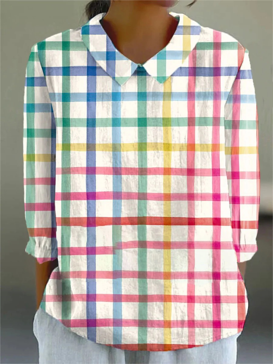Women's Gradient Abstract Geometric Art Print Casual Cotton And Linen 3/4 Sleeve Shirt