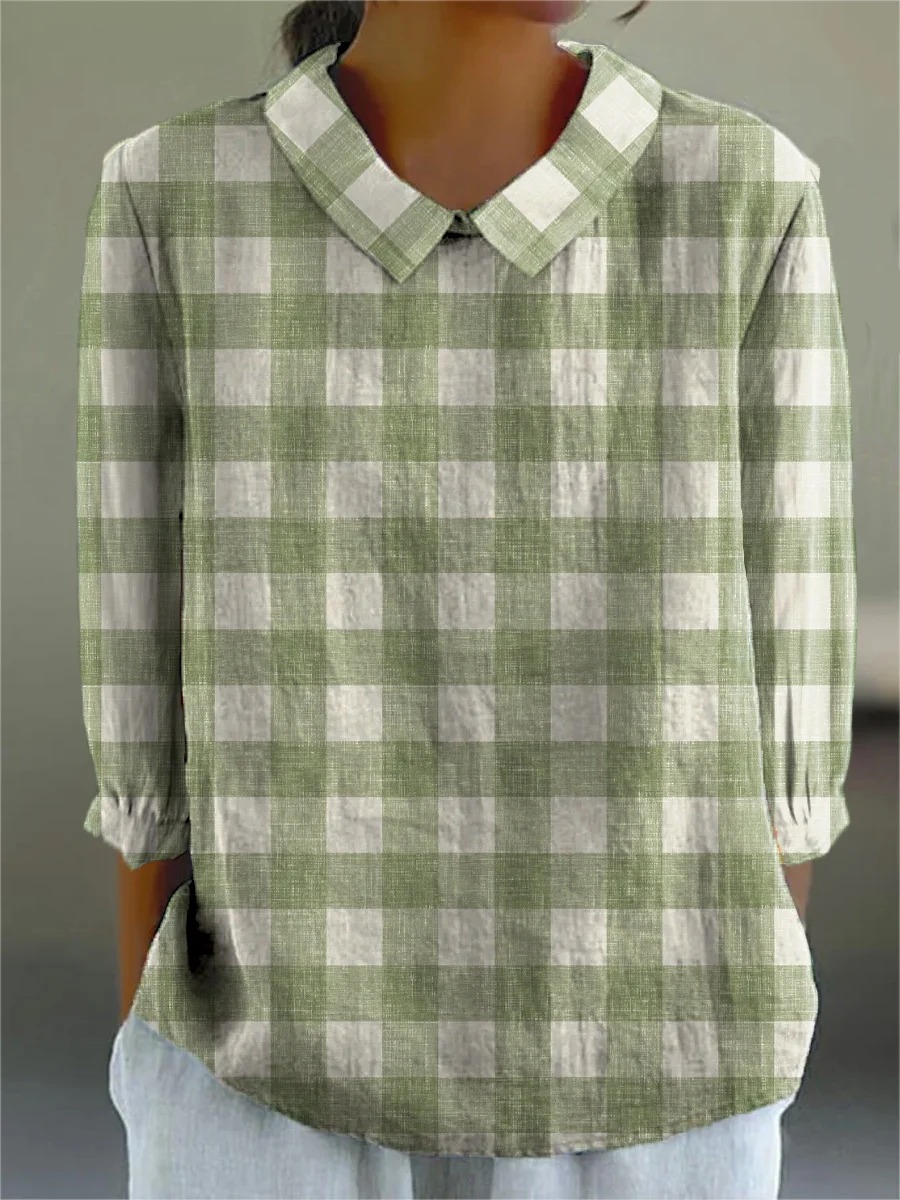 Spring Plaid Pattern Printed Women's Casual Cotton And Linen 3/4 Sleeve Shirt