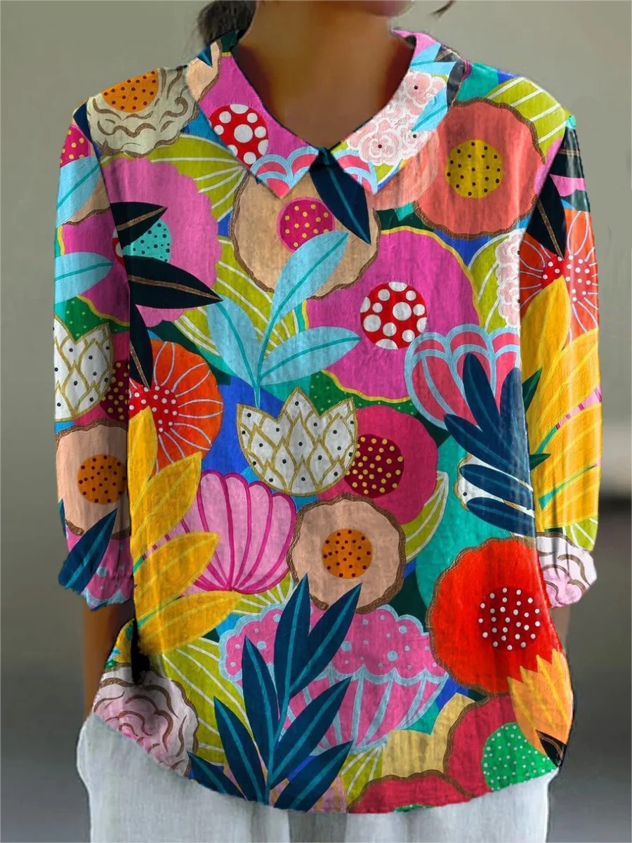 Colorful Summer Floral Art Printed Women's Casual Cotton And Linen 3/4 Sleeve Shirt