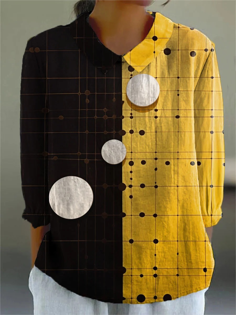 Women's Abstract Geometric Pattern Art Print Casual Cotton And Linen 3/4 Sleeve Shirt