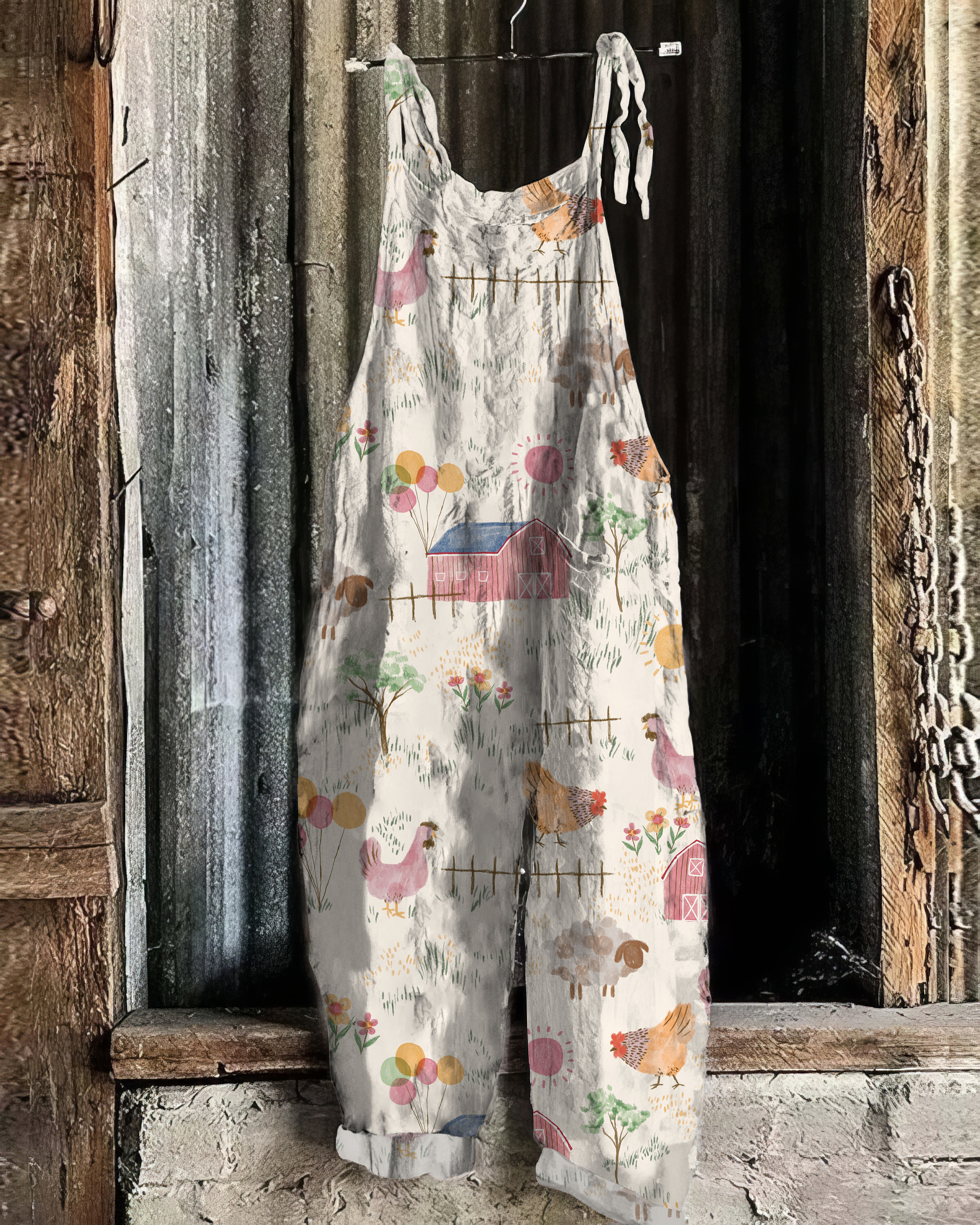 Vintage Farm Chicken Pattern Linen Blend Jumpsuit