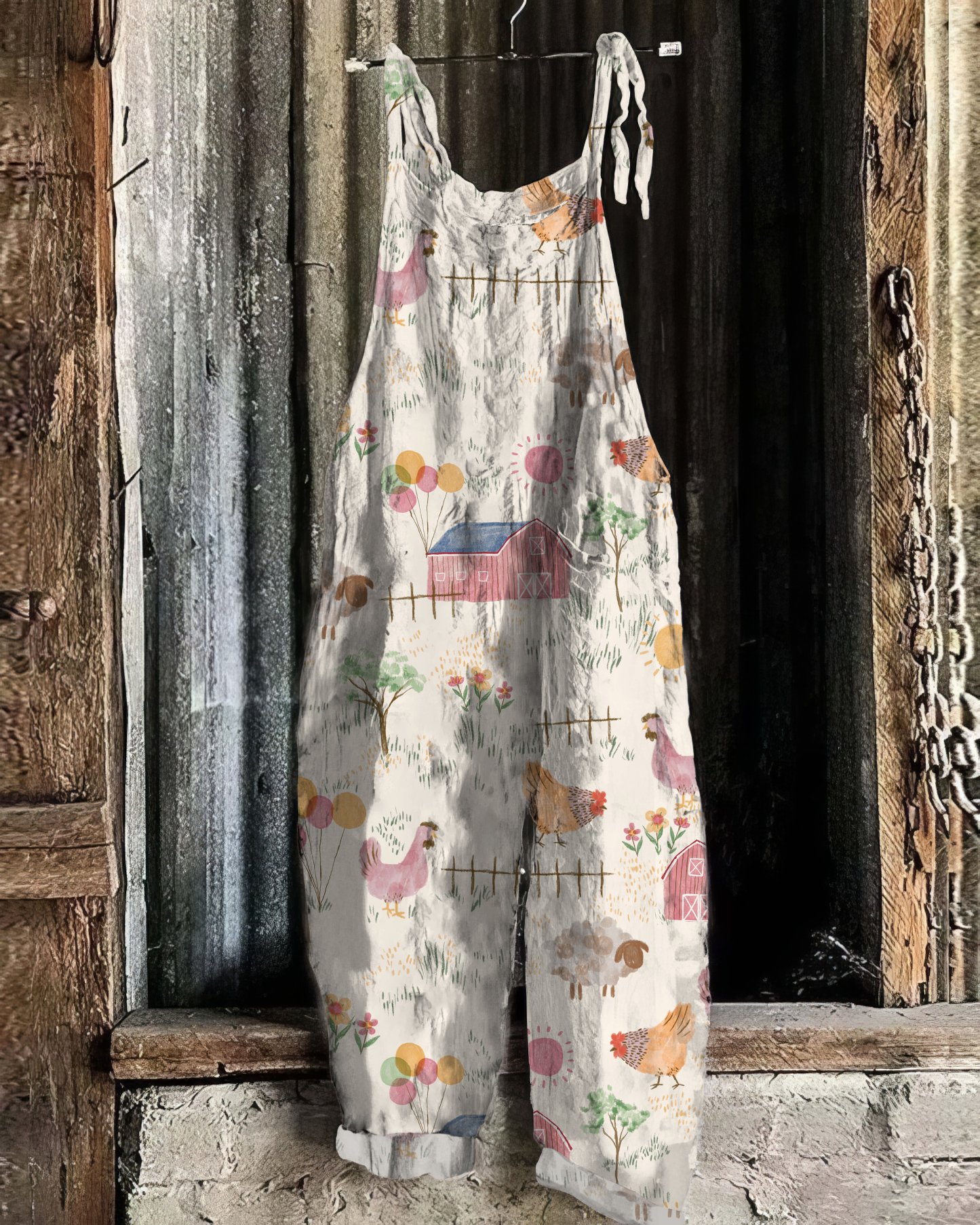 Vintage Farm Chicken Pattern Linen Blend Jumpsuit