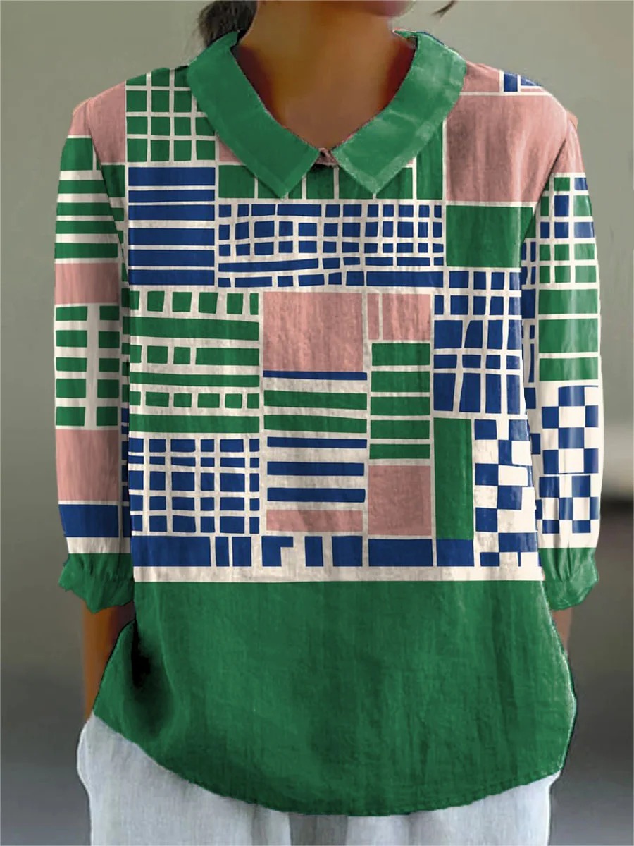 Women's Abstract Geometric Pattern Art Print Casual Cotton And Linen 3/4 Sleeve Shirt
