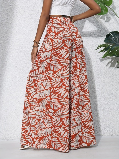 Boho Plants Print Pants, Casual High Waist Elastic Wide Leg Summer Beach Palazzo Pants, Women's Clothing