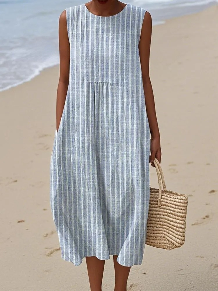 Women's Vintage Striped Printed Cotton and Linen Dress